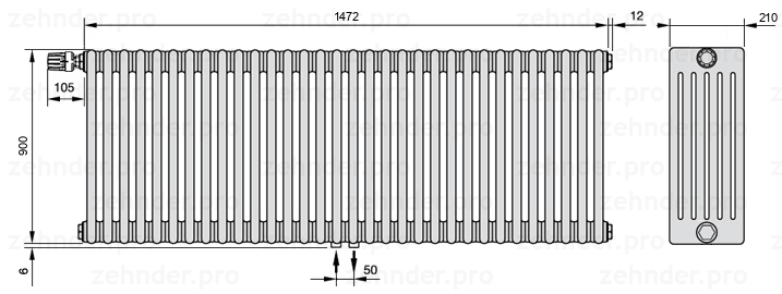 Схема (чертеж) Радиатор Zehnder Charleston 6090/32 №V007 Белый глянцевый RAL 9016